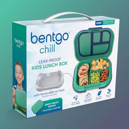 Bentgo Chill Kids 4-Compartment Bento Box Leakproof Lunch Box | Built-In Ice Pack, 3.3 Cup Capacity, BPA-Free, Microwave & Dishwasher Safe Tray, Ideal for Ages 3–7 (Green/Navy) - color: Green/Navy