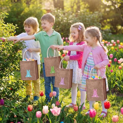 Honeydak 4 Pcs Easter Baskets for Kids Bunny Burlap Easter Tote Gift Bags with Handle Jute Stripe Rabbit Gift Bags for Kids Egg Hunt Game Spring Party Supplies - style: Polka Dot Bunny