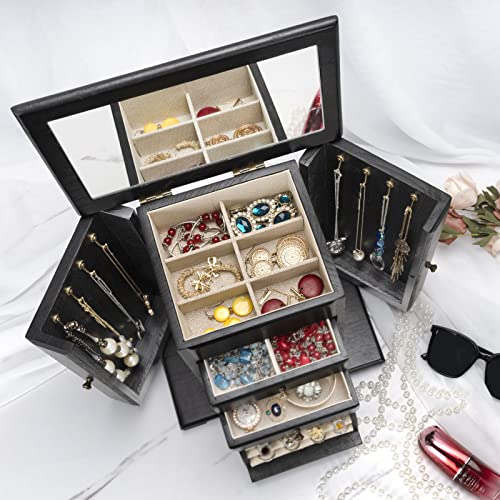 Emfogo Jewelry Box for Women, Rustic Wooden Jewelry Boxes & Organizers with Mirror, 4 Layer Jewelry Organizer Box Display for Rings Earrings Necklaces Bracelets (Black) - color: Black