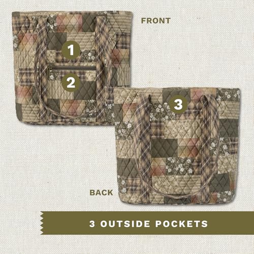 Bella Taylor Large Tote, Quilted Shoulder Bag for Women | Lightweight, 6-pocket large quilted purse, machine washable, zippered top, ultimate organization, durable construction - color: Woodland Patch