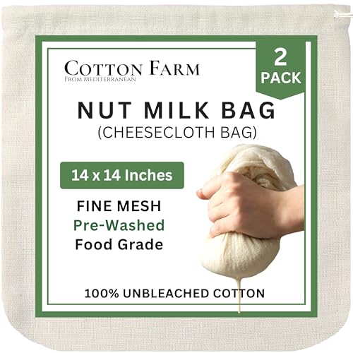 Cotton Farm Nut Milk Bag & Cheese Cloth Bag (Ultra Dense), XL 14 × 14 Inch, 100% Unbleached Cotton Cheesecloth for Precise Food Straining, Washable & Reusable - size: 14 x 14 inch / 2 pieces