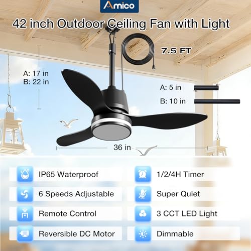 Amico 36" Outdoor Ceiling Fans with Lights, IP65 Waterproof Gazebo Fan | Waterproof, Remote Control, 3000-6000K, 6 Speeds, Hook Hanging Plug in, for Patio Porch Pergola Garage - size: 36 inch Black