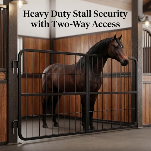 Matte Black 48" W x 24" H Steel Horse Stall Gate, Rust-Resistant Grid Stall Guard, Two-Way Swing Horse Stable Door for Barn Stall Fronts, Installation Hardware Included