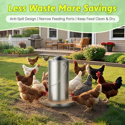 8.8 LB Stainless Steel Chicken Feeder, Gravity-Fed Poultry Feeder for Chickens & Ducks, Rust-Resistant Weatherproof Metal Feed Box with Handle, Large Capacity, Dry Feed Only