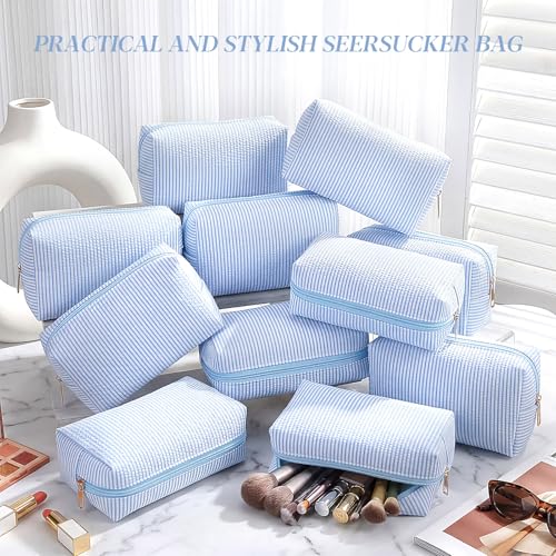 Sanwuta 20 Pcs Seersucker Cosmetic Bags Bulk, Striped Zippered,Light Blue | Makeup Bags Women Pouch, Large Preppy Storage Toiletry Travel Pouch for Wedding Bridesmaid Bride Favor Back to Teacher Gift - color: Light Blue