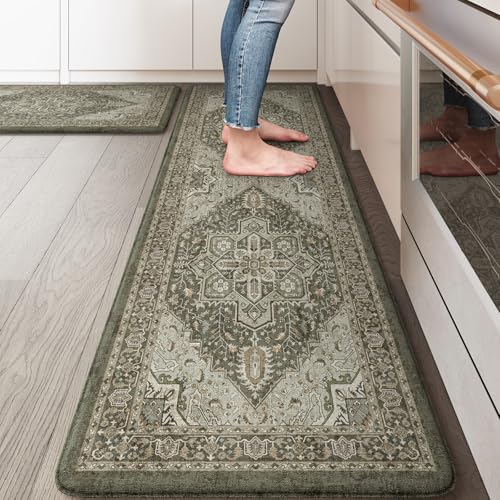 KIMODE Kitchen Mats Cushioned Anti Fatigue, Boho Kitchen Rugs Sets of 2 | Non Slip Distressed Kitchen Floor Mat, Comfort Standing Mat for Laundry, Office, Sink, Desk Dark Green 17"x59"+17"x29" - color: Dark Green, size: 17.3" x 59"+17.3" x 29"--0.47 inche