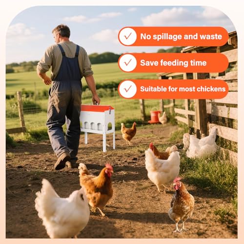 15lbs Automatic Chicken Feeder - 10 Feeding Ports Duck Feeder | No Waste Poultry Feeder, Large Feeding Though Dispenser for Chickens Duck, Galvanized Metal Material, Sturdy And Durable