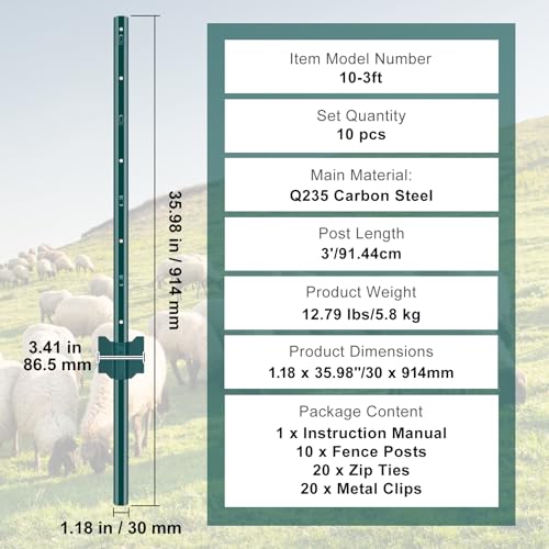 VEVOR 3 Feet Fence Post, 10 Pack U-Channel Heavy Duty Metal Fence Posts with 20 Zip Ties & 20 Clips, Sturdy Steel Fence Stakes for Garden Yard, Lawn, Farms and Outdoor Wire Fencing, Green - size: 3 Feet 10 Pack