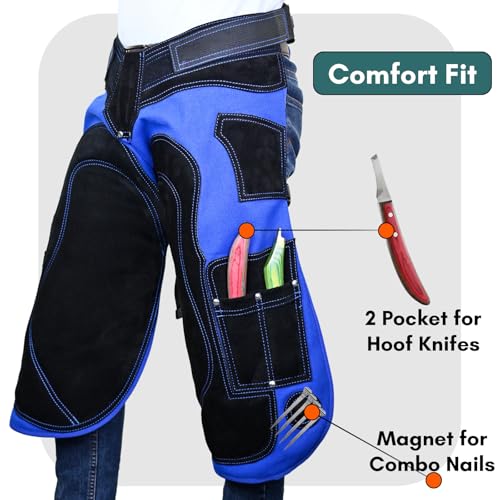 – Farrier Apron Cowhide Leather Hoof Trimming Chaps | with Premium Air Mesh Lining, Foam Knee Pads, 4 Knife Pockets & Nail Magnets | Adjustable Waist for Men & Women (Apron Only) - color: Blue - Black, size: 65cm - 25inch