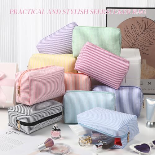 Sanwuta 20 Pcs Seersucker Cosmetic Bags Bulk, Striped Zippered,Bright | Makeup Bags Women Pouch, Large Preppy Storage Toiletry Travel Pouch for Wedding Bridesmaid Bride Favor Back to Teacher Gift - color: Bright