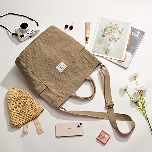 KALIDI Corduroy Tote Bag, Large Slouchy Hobo Messenger Crossbody Bag | Anti Splash Zipper Side Pockets Shoulder Bag Adjustable Strap Lightweight Casual Work Shopping Women - color: Light Kakhi