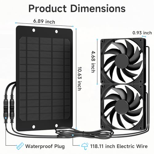 Solar Powered Fan for Outside, IP65 Waterproof Auto On/Off Solar Exhaust Fan Kit wtih 10 Ft Cable for Chicken Coop, Shed, Greenhouse, Pet House Ventilation Accessories