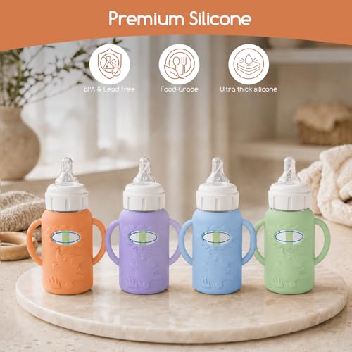 4 Pack Silicone Sleeves for Dr. Brown's Glass Baby Bottles, Anti Breakage Baby Bottle Sleeves Holder, Compatible with Dr. Brown's Anti-Colic Options+ Narrow Glass Baby Bottles, 4 oz/120 mL - color: Orange 4 Pack 4OZ