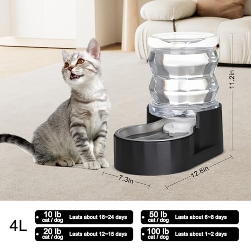 RIZZARI 4L Gravity Cat Water Dispenser: Filtered Hydration for Indoor Cats | Activated Carbon Filter / Stainless Steel Bowl / Apartment Friendly / Bedroom & Kitchen Use / Easy Cleaning/Helps Reduce Odor - color: Dark Black, size: 4L