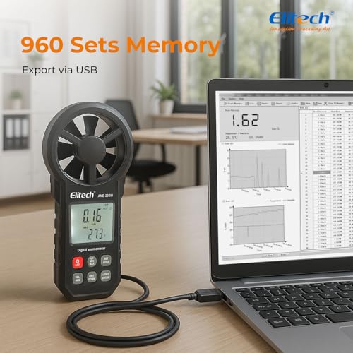 Elitech ANE-200W HVAC Anemometer, Air Flow & Temp Meter with Bluetooth | Temperature Measurement, USB Data Export, Air Flow CFM/CMM Measurement, Drone Flights & HVAC Use