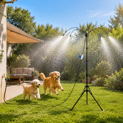 Standing Misters for Outside Patio, 5.3Ft Adjustable Misting System | Portable Mister with 26Ft Water Hose and Stable Tripod Base for Backyard Pool Garden Cooling