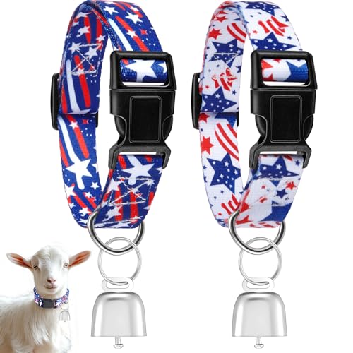 2 Pack Patriotic Goat Collars with Bells, Red White Blue Adjustable Nylon Sheep Collar 13.7-20.5 in, Loud Copper Bell Grazing Collar for Goats Lambs Sheep Calves Accessories - style: Independence Day