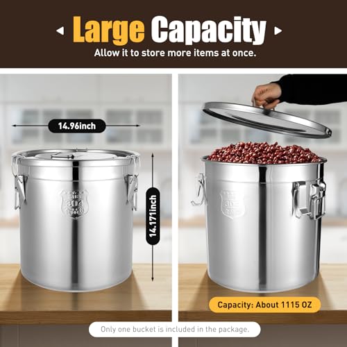 DYNAMI 8.7Gal 304 Stainless Steel Bucket Milk Can with Airtight Lid | 33L Metal Food Storage Bucket with Locking Buckle,Leak-Proof Oil Container Milk Transport Bucket Flour Storage Container