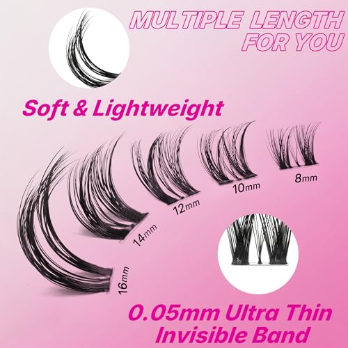 VEYESBEAUTY Ribbon Lash Clusters Kit Newbie's Five-Second Series Eyelash | Individual Eyelash Extensions Kit Thin & Invisible Band DIY Volume Eyelashes Kit Wispy Lash With Bond&Seal Remover Applicator - size: 8-16 mm