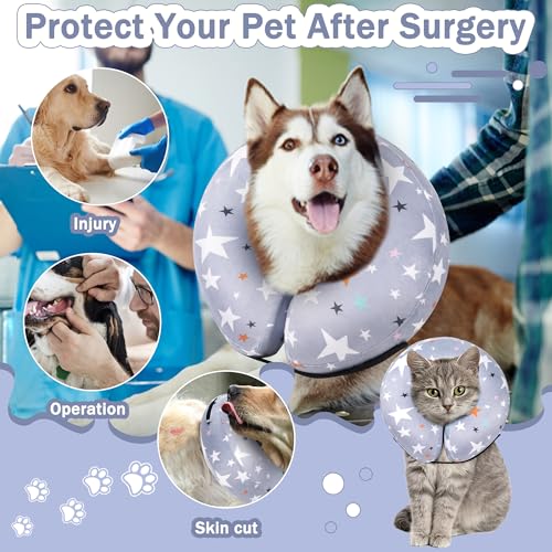 Recovery Donut Collar for Dogs & Cat,Inflatable Dog Cone Collar Alternative After Surgery,Soft Cone for Large Medium Small Dog,Adjustable Pet Neck Donut(Grey Star,Medium+ - color: Grey, size: M+（neck 11"-14"）
