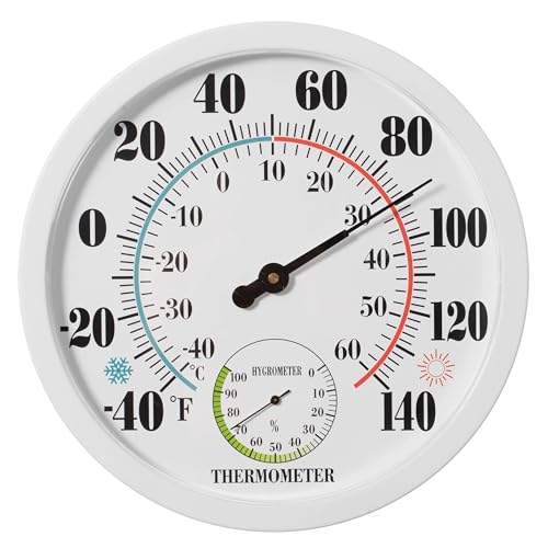 Clockswise 10" Outdoor Indoor Wall Thermometer and Hygrometer Combo Temperature & Humidity Gauge with Fahrenheit & Celsius Scale Decorative Weather Monitor for Home Garden Greenhouse or Office, White