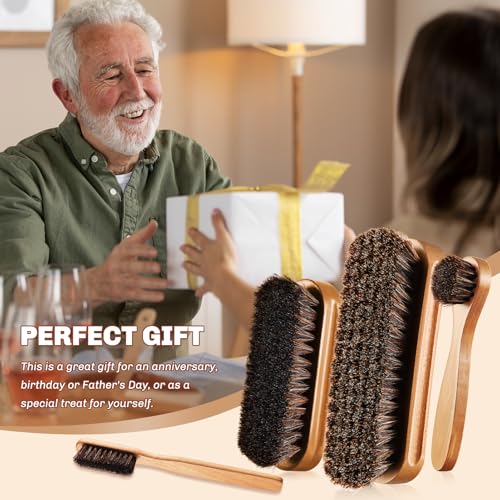 4 Pcs Horsehair Shine Shoes Brush Kit Polish Dauber Applicators Cleaning Leather Shoes Boots Care Brushes Suede Cleaner Brush with Microfiber Shoe Cloth(Wooden Style A) - style: Wooden Style A