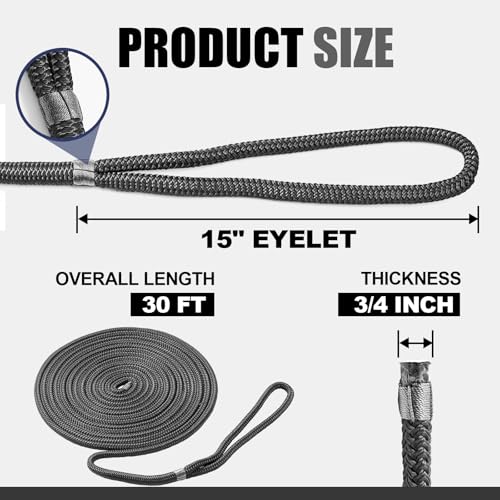 TetherTite Boat Dock Lines 5/8 Inch 20/25/30 Ft,Double Braided Nylon Boat Dock Lines with Loop, Mooring Line Marine Rope (3/4" x30) - size: 3/4"x30
