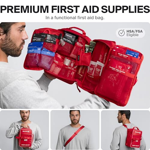 SurviveX Large Pro First Aid Kit, Labeled Pockets, Zip Stitch Wound Closure | Emergency kit for 5-6 people, close wounds without stitches, organized first aid for car, home, travel, camping, outdoors