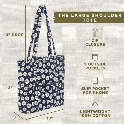 Bella Taylor Large Tote, Quilted Shoulder Bag for Women | Lightweight, 6-pocket large quilted purse, machine washable, zippered top, ultimate organization, durable construction - color: Dotted Daisy Navy