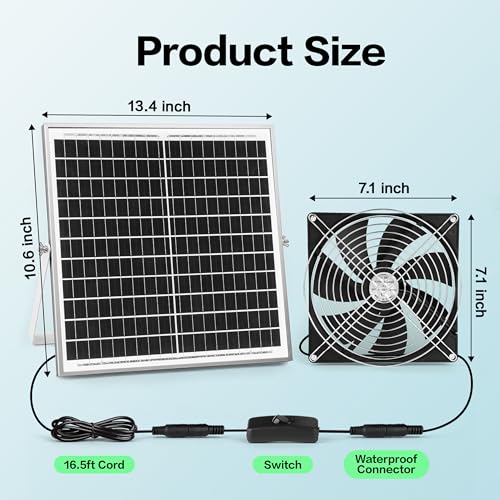 7.1" Large Airflow Solar Powered Greenhouse Fan, 25W Vent Exhaust Intake Solar Fan for Chicken Coop, Waterproof Outdoor Solar Fans, 16.5 ft Long Cord for Dog House, Shed, Cabin