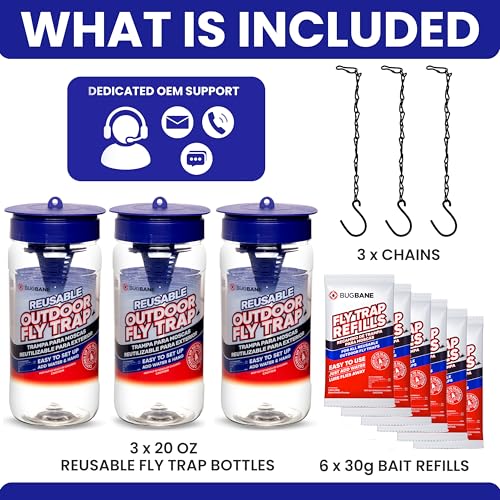 3 Fly Traps Outdoor Fly Trap for Patio with 6 Non-Toxic Dissolvable Bait Refills. Reusable Hanging Bug Catcher Killer for All Filth Flies for Outside Bug Control Yard Ranch. Hanging Chains Included. - style: 3pack