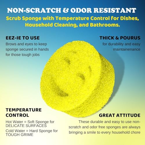 The Original Scrub Moji Scrubbing Sponge by Smilyeez (Set of 3) - Yellow - Temperature-Responsive Polymer Foam, Stain and Odor Resistant, Ideal for Kitchen and Bathroom Cleaning - color: Yellow
