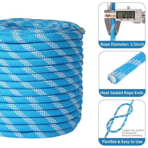Double Braid Arborist Rope, 1/2 Inch x 200 ft, 9000 LBS Breaking Strength Heavy Duty Tree Climbing Rope, Outdoor Swing Rope for Trees, Climbing, Sailing & General Use - size: 1/2inch*200ft, style: Blue