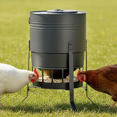 KOL Chicken Feeder No Waste for Coop & Outdoors, 16 Port 50lbs Poultry Feeder with Spill-Control Design, Rust-Proof Powder Coated Metal & Smooth Safe Edges (Black) - color: Black