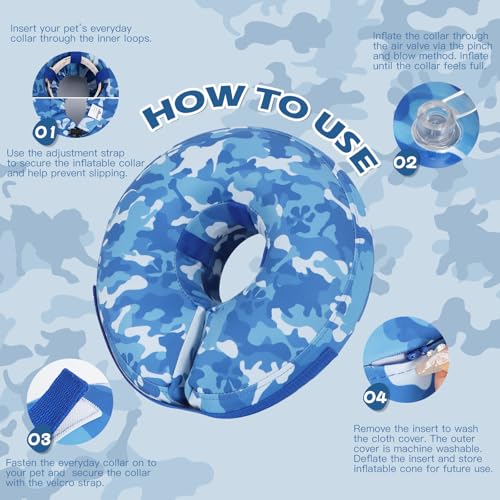 IEUUMLER Inflatable Recovery Dog Cone Collar, Neck Donut Protective ECollar, Adjustable Soft Collar for Dog and Cat After Surgery Prevent from Biting & Licking EU020 Blue Camo M - color: Blue Camo, size: Medium (Neck:8''-10'')
