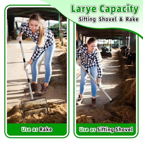 10inch Large Metal Chicken Poop Scooper & Chicken Coop Scoop, 3-Level Adjustable Chicken Coop Scooper for Sand with Stainless Steel Handle, 4-in-1 Multi-Function Heavy Duty Manure Screening Shovel