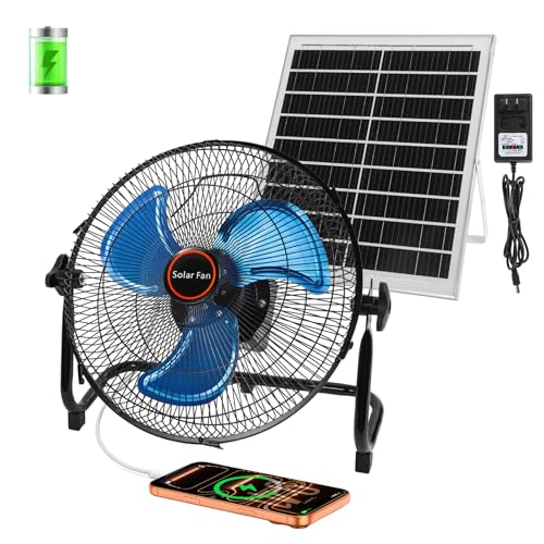 GOESWELL Solar Powered Fan 12 Inch Metal Blades Timer USB for Outdoors | Portable Solar Powered Fan Battery 12 Speeds Timer 360 Tilt USB Output Charges Phone Metal Blades Quiet For Outdoor