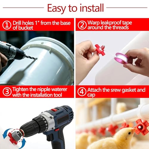 40 Pcs Horizontal Chicken Waterer Nipples with Drill Bits, Leakproof Poultry Watering System for Chicken Coop, Durable ABS Plastic & Stainless Steel, Water Saving Design for Outdoor Use