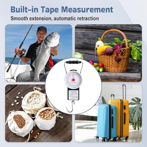 Goture Fishing Hanging Scale + Rope + Ruler, Mechanical Kitchen and Fish Fishing Scale, Multi-Purpose Portable Hand Held Dial Weight Scale with Tape Measure (50 Lbs / 22Kg) - color: Fishing Scale + Rope + Ruler