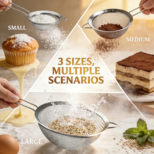 Anaeat Fine Mesh Strainers - Premium Stainless Steel Colander Sieve Sifters, with Durable Mesh and Sturdy Handle, Excellent for Sifting Dry ingredients, Flour, Pastas, Rice, Tea (2.8"+4.73"+7.09") - color: 2.8"+4.73"+7.09" Diameter (Set of 3)