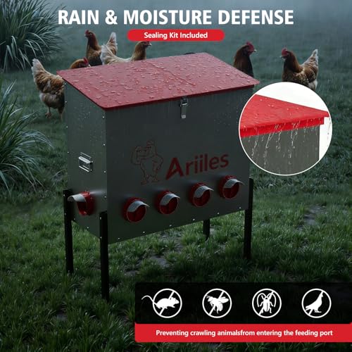 Automatic Chicken Feeder, Metal Poultry Feeder, Chicken Feeders | 100LB Poultry Feeder With Stand & 10 Ports. Includes Bonus Vegetable Net, Feeder Sealant And Anchor Stakes For Chicken. - size: 100 LB