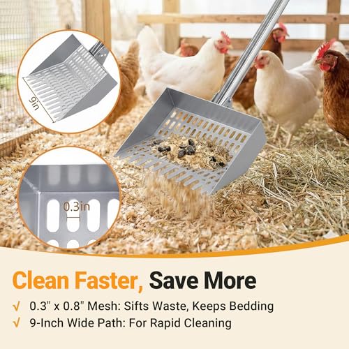 Chicken Poop Scooper Spring Steel Shovel 38-66in Extendable Handle | 3 Adjustable Angle Sifting Shovel Professional Poultry Litter Cleaner for Chicken Coop, Duck, Goat and Sand - size: 9" W x 2.5" D