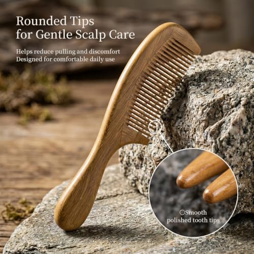 Onedor Handmade 100% Natural Green Sandalwood Hair Combs - Anti-Static Sandalwood Scent Natural Hair Detangler Wooden Comb (Fine Tooth) | Handmade, 0.05 in Tooth Spacing, Smooth Rounded Teeth, Helps Reduce Static, Smoothing, Finishing, Daily Styling - sty