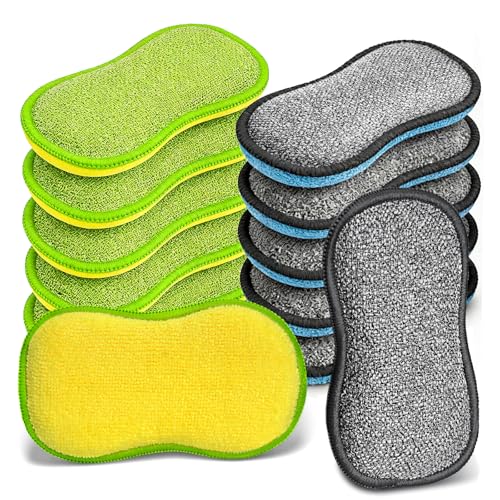 Dish Sponges Kitchen, 12 Pack Multi-Purpose Microfiber Scrub Sponge - Dual-Sided Heavy Duty Non-Scratch Scrubber, Reusable Cleaning Sponge for Dishes, Pots, Pans, Stovetop & Sink