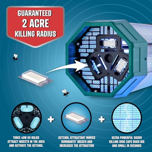 Flowtron Bug Zapper, 2 Acres Outdoor, 120W UV, 5600V, Octenol, Made in USA | Bug zapper for farms, commercial spaces, and large yards - UV and octenol kill mosquitoes, flies, and gnats - CSA certified
