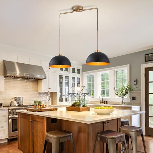2 Light Black and Gold Dome Pendant Lights Kitchen Island | Height Adjustable, E26 Base, Easy Installation, Farmhouse Industrial for Dining Room Kitchen Island Restaurant Cafe Bar - color: Black-2 Lights