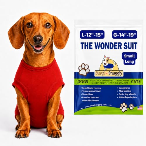 Surgi Snuggly Dog Surgery Recovery Suit, Cone Alternative, Spay/Neuter SL | Dog Recovery Suit for Dogs — Veterinarian-Invented Surgical Suit & Recovery Onesie with Easy Bathroom Access After Surgery - color: Radiant Red, size: Small Long (L-12"-15" | G-14