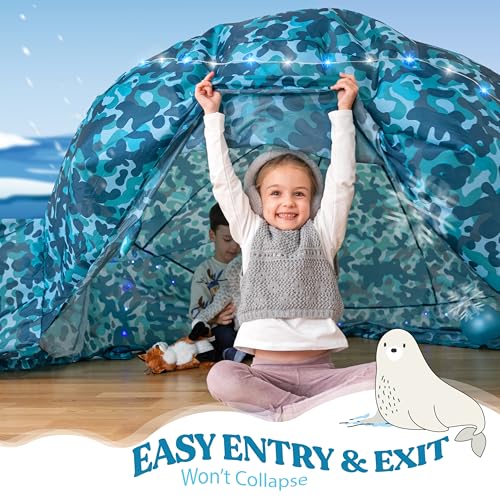 W&O Arctic Camo Inflatable Fort with Lights & Sound - Fan Not Included | Arctic Camo Aerodome with LED Lights, Sound Button & Snowy Camo Design. Uses Standard Box Fan, Indoor Play, Ages 3-12 - color: Arctic Camo