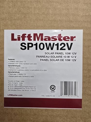 Liftmaster SP10W12V 10 Watts Solar Panel -Includes Solar Panel, Hardware & Cable