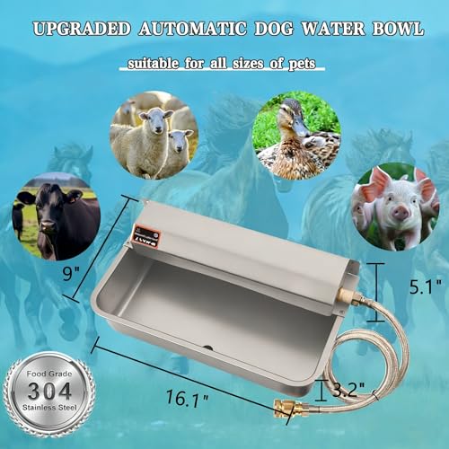Automatic Dog Water Dispenser with Drain Hole, 304 Stainless Steel Auto Water Dog Bowl with Float Valve, Hose Quick Connect Fitting, Automatic Livestock Waterer for Horse, Chicken (2 Gallons) - size: 2 Gallons